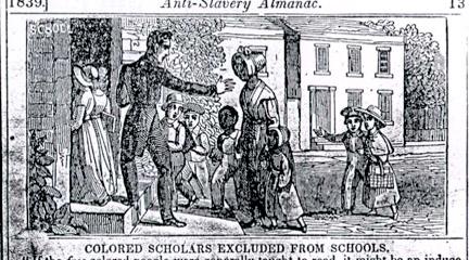 Cartoon, Colored Scholars Excluded from Schools, 1839, Anti-Slavery Almanac.