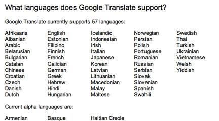 Screen shot, Languages supported by google translate, 1 april 2011