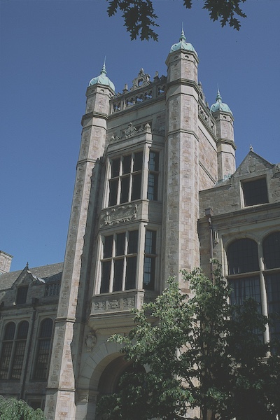 Large cornered tower on ann arbor&rsquo;s campus.