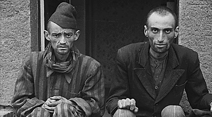 Photo, Two men sitting after liberation from Lager-Norhausen. . . , 1945, NARA