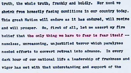 1st page of FDR text for his 1st inaugural address, National Archives