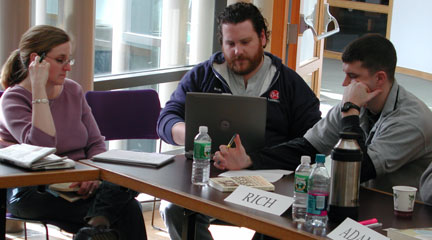 Photo, Teachers discussing grant. TAH: Pursuing Justice Grant