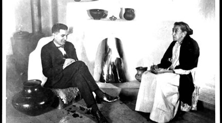 Photograph, Juan B. Rael interviewing Manuela Martinez, Taos, NM, ca. 1930, LoC.