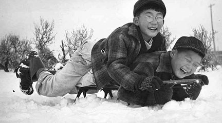 Photo, Two boys sledding, Minidoka. . . , 1943, Francis Stewart, Flickr Commons