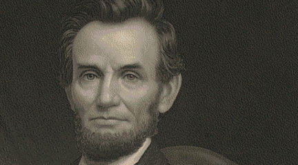 Portrait of Lincoln holding a document in his left hand, facing slightly left.