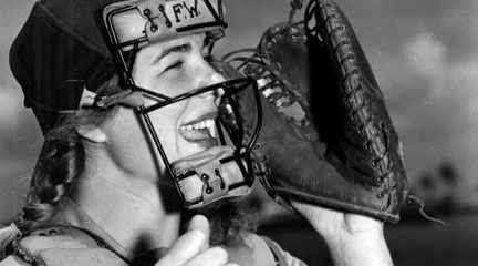 Photo, Dottie Schroeder, catcher, shouting play ball. . . , 1948, Flickr Commons