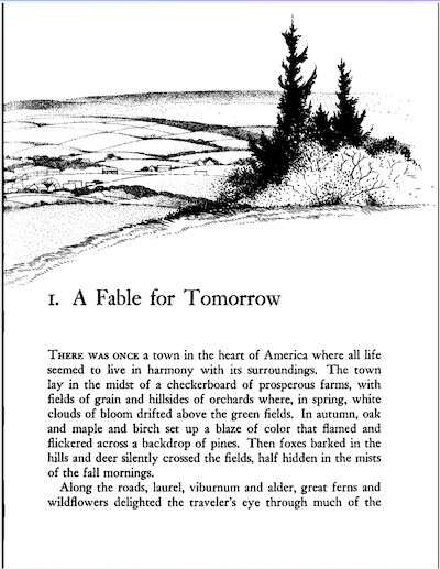 A Fable for Tomorrow page one. Above the text is a sketched landscape with trees and mountains