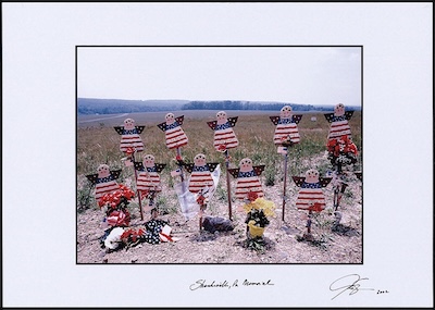 Ten angels erected on wooden posts in a field in Shanksville. Five angels in the back row and five in the front. The angels' dresses are made to look like the American flag.