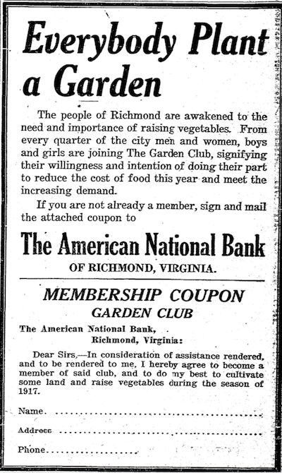 Everybody Plant a Garden newspaper article, sponsored by the American National Bank of Richmond, Virginia