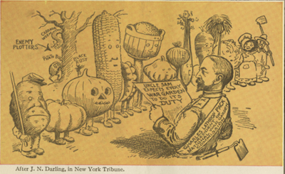 Cartoon featuring a line of vegetables with faces like people, and a soldier standing in front of them with a newspaper reading Uncle Sam Expects every war garden to do its duty. 