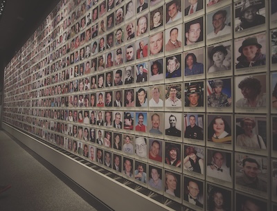 Seven rows of head shots on a wall in a room. The photographs continue far down the wall out of the frame