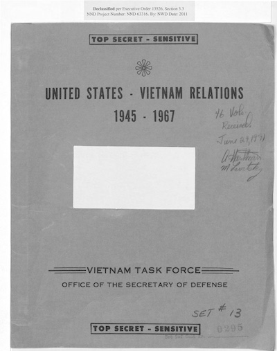 Cover of the Pentagon Papers. Reads: Top Secret-Sensitive. United States-Vietnam Relations 1945-1967. Vietnam Task Force. Office of the Secretary of Defense.