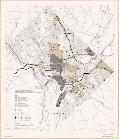 Map of Washington, DC. Shaded areas correspond to urban renewal projects