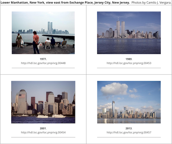 Four photos of the New York skyline in different years. Those from before 9/11/2001 show the twin towers. Those after show monuments to the attack