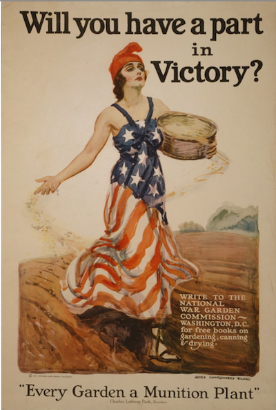 Will you have a part in victory? painting of woman dressed in american flag tossing seeds into a field.