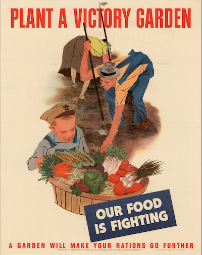 poster showing a family working in a garden with a basket full of vegetables they grew