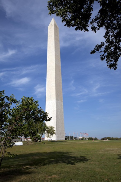 The Washington Monument, a tall white obelisk on the national mall