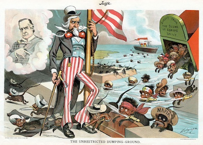 Political cartoon of uncle sam standing at a dock watching a shipping container dumping out immigrants who are depicted as animalistic. The ghost of president mckinley looks down on them