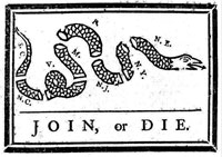 woodcut, 1754, Benjamin Franklin, Join or Die, org. pub. in Pennsylvania Gazette