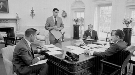 Photo, President Nixon (right) meets with staff, 1970, Nixon Library, NARA.