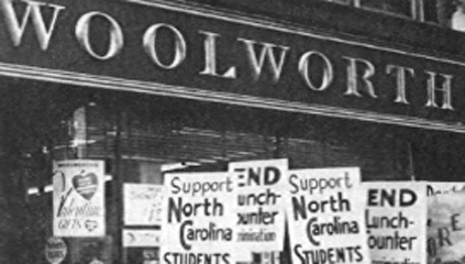 B&W photo, 1963, Woolworth's Storefront with Protestors, commons