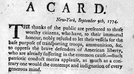 Broadside, A card, New York, 1774, LoC, rbpe 10700100