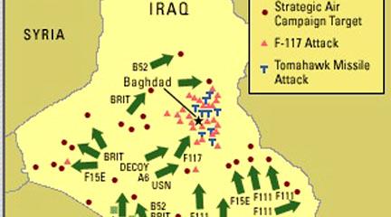 Map, initial air attacks, 1993, R. Atkinson, The Untold Story of the Gulf War.
