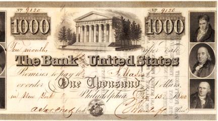 Illustration, Bank note from the Bank of the US, Dec. 13, 1840, U.S. Mint.