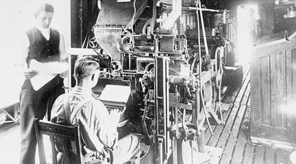 Photo. Linotype on press car. 1910's. LOC