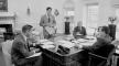 Photograph, President Richard Nixon (seated at right) meets with staff on March 13, 1970. From left are H. R. Haldeman, Dwight Chapin, and John D. Ehrlichman, Richard Nixon Library, National Archives and Records Administration. Photo, President Nixon (right) meets with staff, 1970, Nixon Library, NARA.
