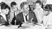 Photo, Bayard Rustin (center) speaking with (left to right) Carolyn Carter, Cecil Carter, Kurt Levister, and Kathy Ross, before demonstration, 1964, Library of Congress Photo, Bayard Rustin, 1964, Library of Congress