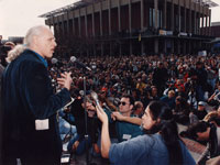 Photo, "Mario Savio Speaking at FSM Rally," Ben Ailes?, October 2, 1984